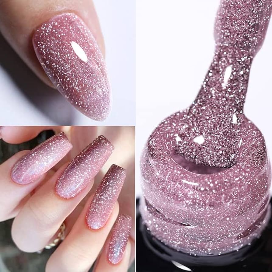 KWEEN Rose Pink Glitter Gel Nail Polish, Reflective Glitter Gel Polish, Diamond Shimmer Gel Soak Off UV LED Gel Nail Art Manicure Salon