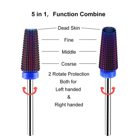 5 in 1 Multi-function Tapered Shape Straight Cut Nail Drill Bit, Use for Both Left and Right Hand, Professional Carbide Tungsten Steel Bits for Remove Acrylic Nail Gel Fast (Middle, Purple)