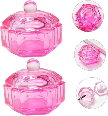 Pink Glass Crystal Dappen Dish with Lid Acrylic Liquid Holder for Nail Powder and Monomer.