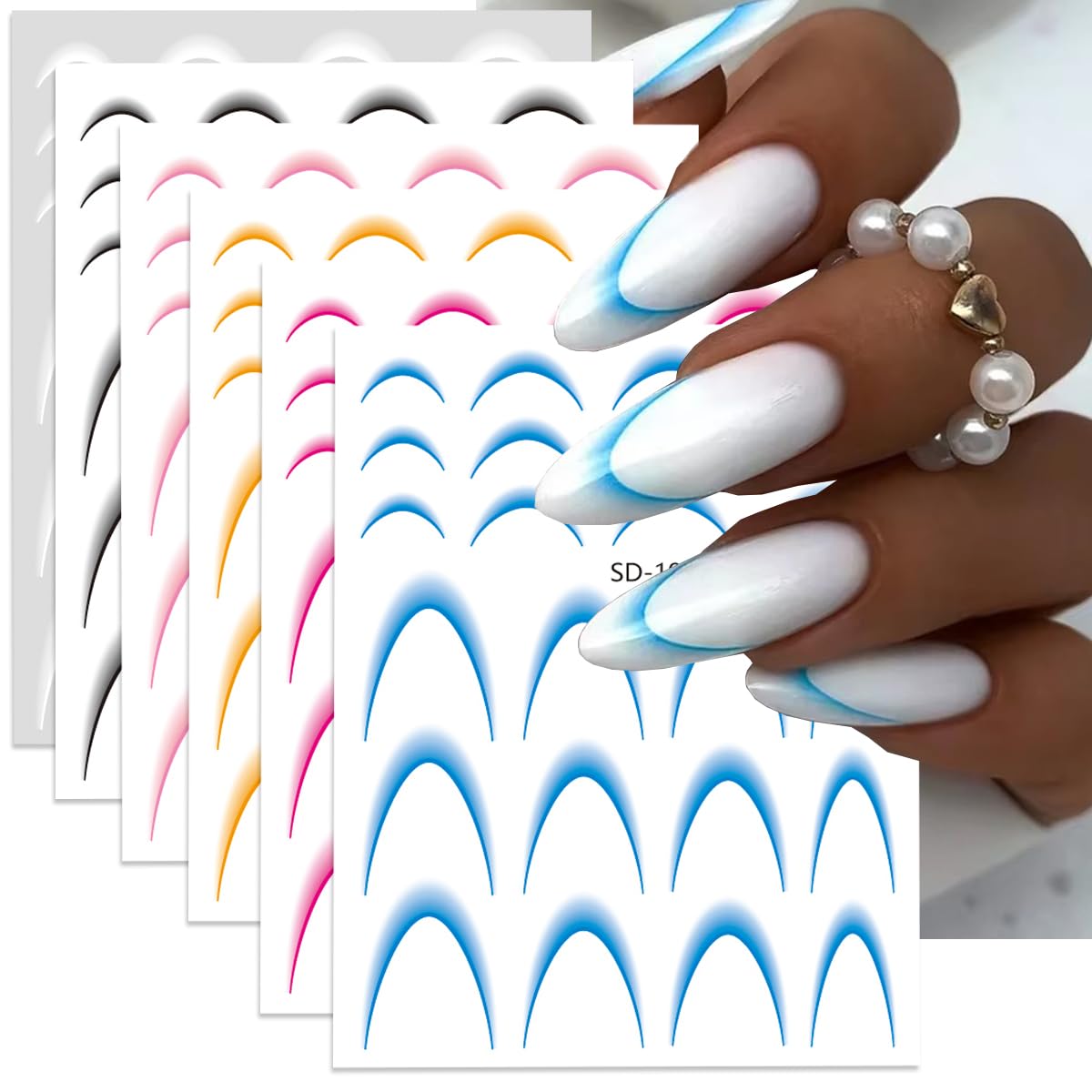 French Line Nail Stickers Gradient Colorful French Tip Nail Decal 3D Self-Adhesive Nail Art Stickers French Tip Nail Guides Design