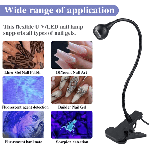 Portable LED UV Nail Lamp for Gel Polish Drying Flexible Nail Dryer Table Light with Long-Lasting UV Light for Professional Manicures.