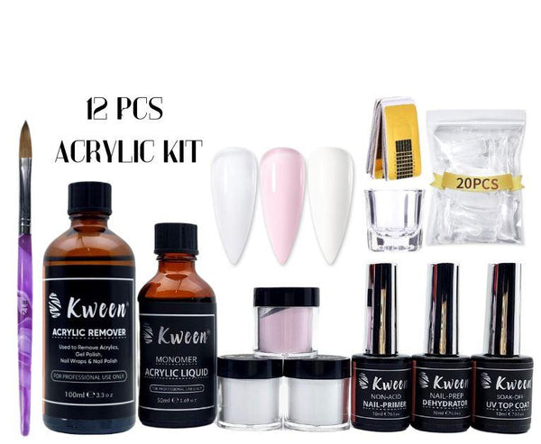 KWEEN 12 PCS Acrylic Nail Kit, 3 Colors Acrylic Powder and Liquid Monomer Primer+ dehydrator Set with Topcoat, 1 Acrylic Nail Brush Nail Forms for Nail art and extension
