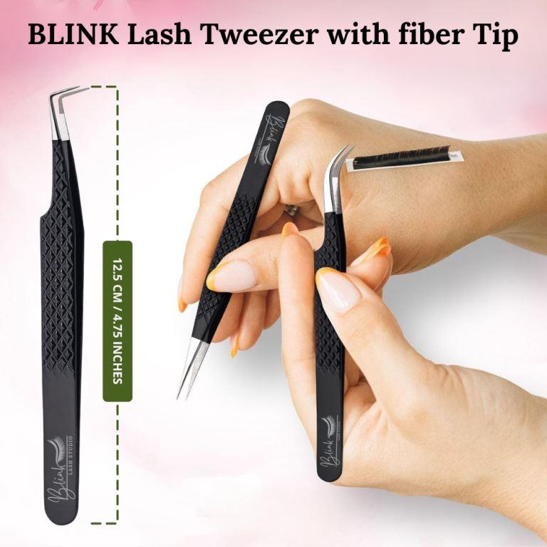 BLINK Professional Fiber Tip Lash Tweezers Set Stainless Steel Lash Extension Tweezers for Classic and Volume Lashes (Black)