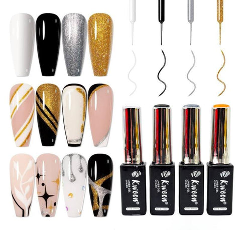 KWEEN Gel Liner Nail Art Polish Set Gel Liner Nail Art Kit For Nail Design, 4 Colors Black White Gold Silver Design Paint with Thin Brush for French Tip Manicure DIY Nail Art