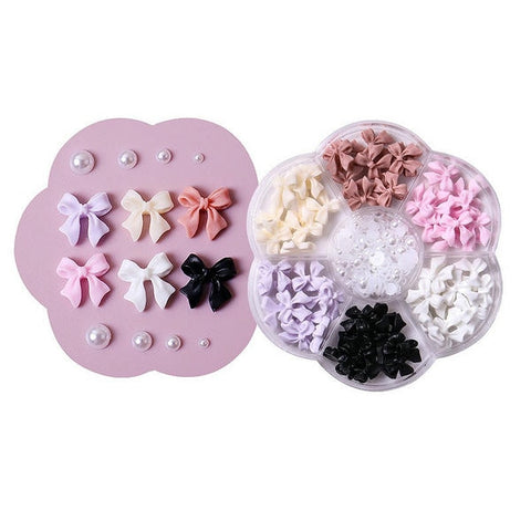 3D Nail Art Bow Charms Set With Pearl Rhinestones & Flower For Creating Eye Catching Nail Designs.