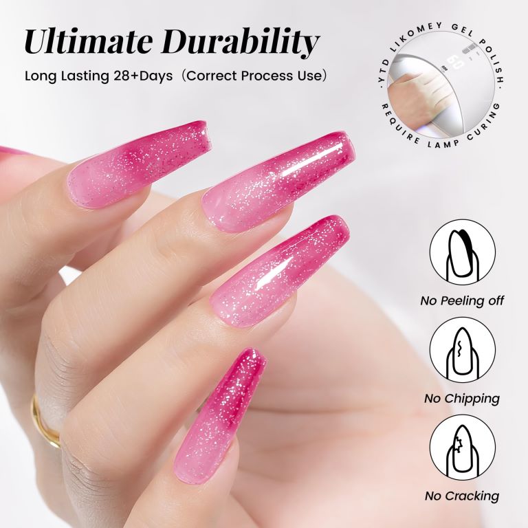 KWEEN Color Changing Thermal Gel Polish, Pink Shiny Glitter UV LED Gel Varnish, Soak Off UV LED Polish For Manicure