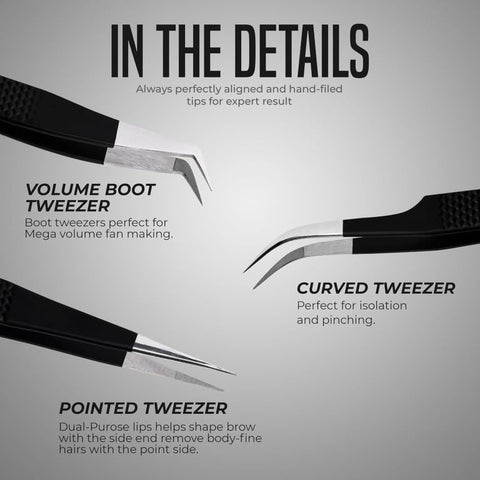 BLINK Professional Fiber Tip Lash Tweezers Set Stainless Steel Lash Extension Tweezers for Classic and Volume Lashes (Black)