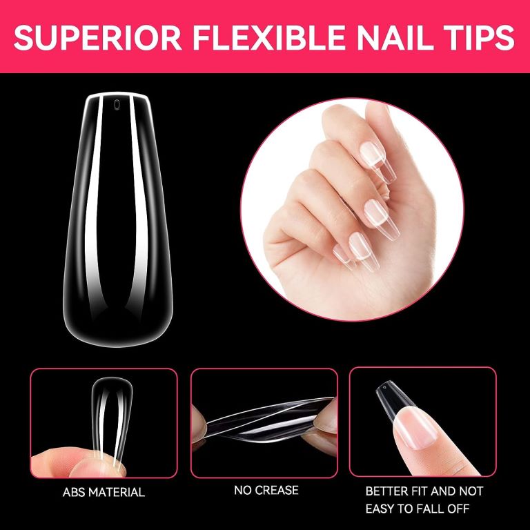 Coffin Shaped Nails Full Cover 504 Pcs False Nail Tips 12 sizes with Clear Plastic Box Nail Extensions (Clear)