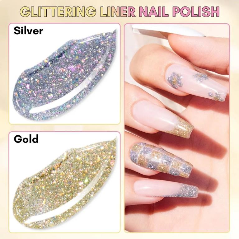 KWEEN Nail Art Liner Gel Polish Set 2 Colors Reflective Glitter Silver Gold Soak Off with Built-in Thin Brush for DIY Design, Home & Salon Manicure Kit