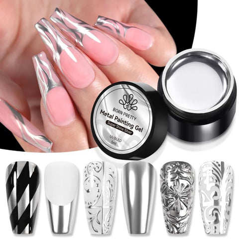 Born Pretty Metallic Painting Gel Silver Painted Gel Nail Polish 3D Metal Painting Gel Drawing Mirror Nail Gel Polish Glossy Soak Off DIY Nail Art Manicure Vanish