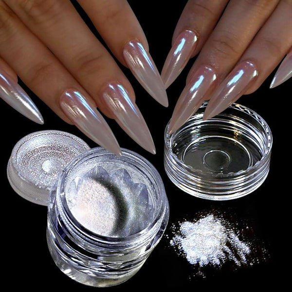 White Pearl Chrome Nail Powder Super Glossy Metallic Mirror Effect, White Moonlight Unicorn Chrome Powder for Nails