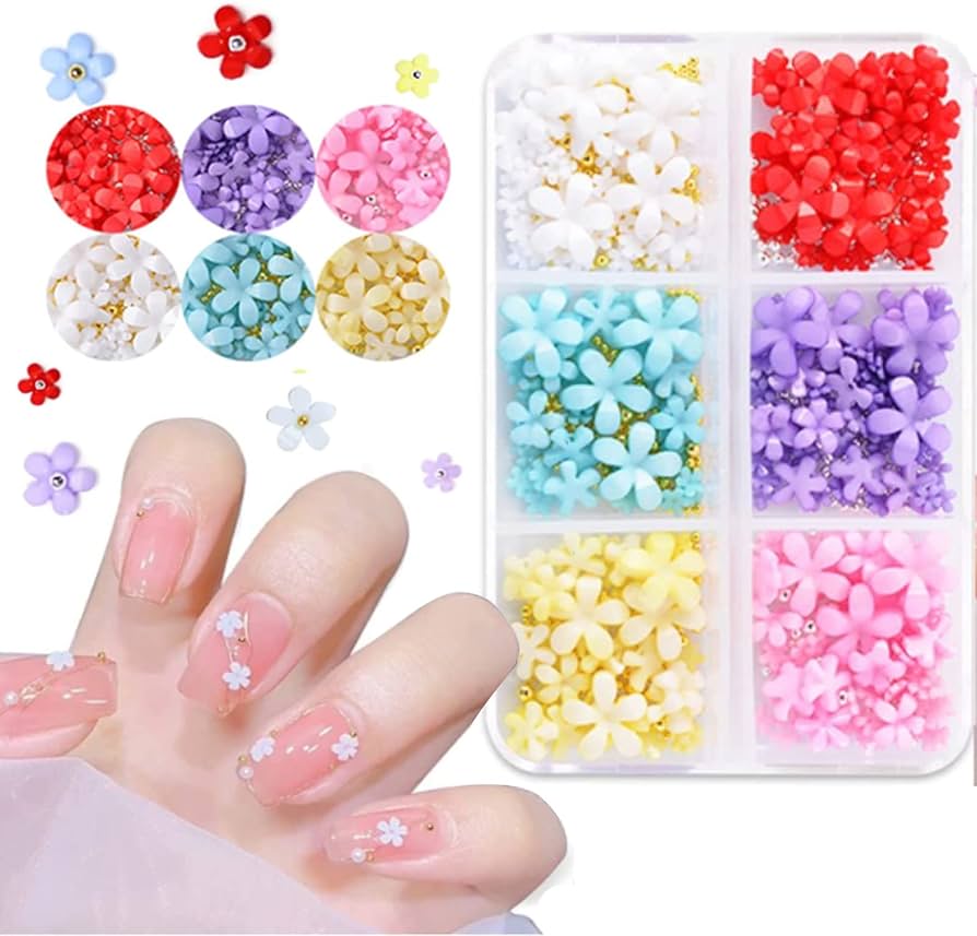 3D Flower Nail Art Charms Acrylic Resin Flowers Nail Design Flowers Nail Rhinestones Kit with Silver Gold Nail Ball Beads for DIY Decoration Nail Craft Accessories