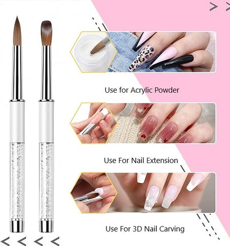 Professional Acrylic Nail Brush 100% Kolinsky Sable Hair white Rhinestone Handle Manicure Nail Art Brushes