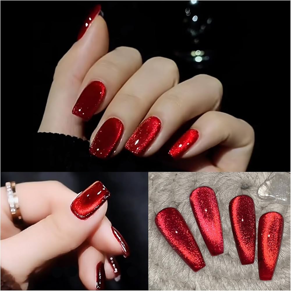 KWEEN Cat Magnetic Eye Gel Nail Polish Ruby Red Glitter Shiny Sparkle Crystal Gel Nail Polish Magnetic Nail Polish Salon DIY at Home