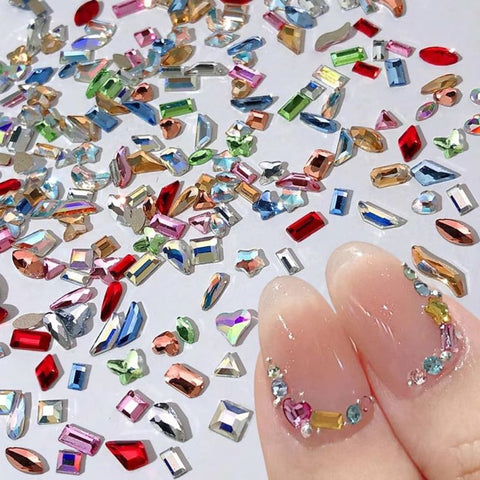 100pcs Mini Shaped Crystal Diamond Nail Decorations Flat Bottom Rhinestone Mixed Color Glass Gem DIY Manicure Accessory