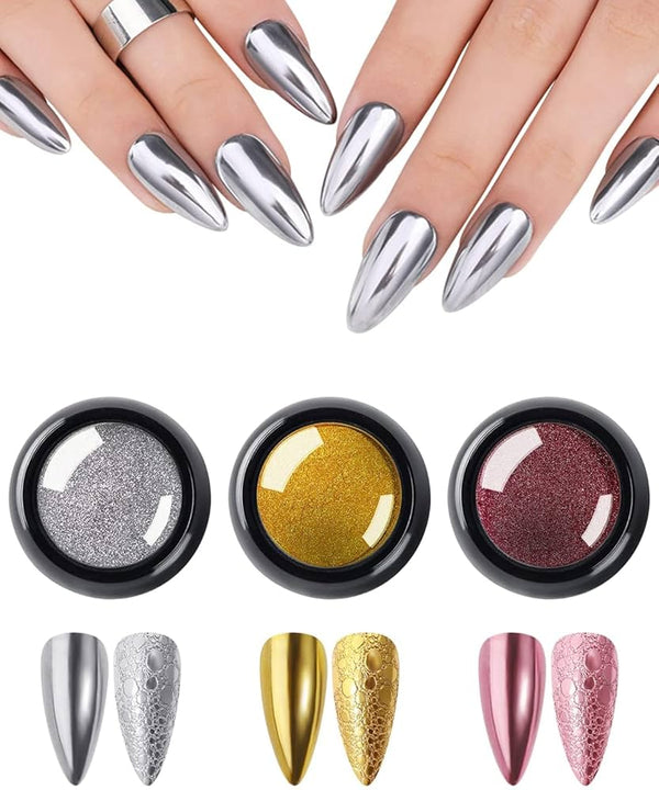 Metallic Chrome Nail Powder Set – 3D Holographic Mirror Effect Pigments in Gold, Silver, and Rose Gold