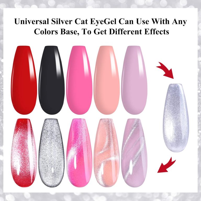 KWEEN Silver Color Gel Nail Polish 9D Cat eyes Glitter Magnetic Gel Polish UV Gel Nail Polish with Magnetic Stick for Nail Salon