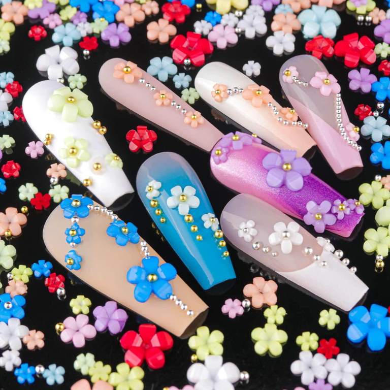 3D Flower Nail Art Charms Acrylic Resin Flowers Nail Design Flowers Nail Rhinestones Kit with Silver Gold Nail Ball Beads for DIY Decoration Nail Craft Accessories