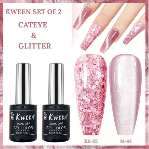 KWEEN 2Pcs/Set 10ml Pink Cat Magnetic Gel Polish with Pink Glitter Gel Polish