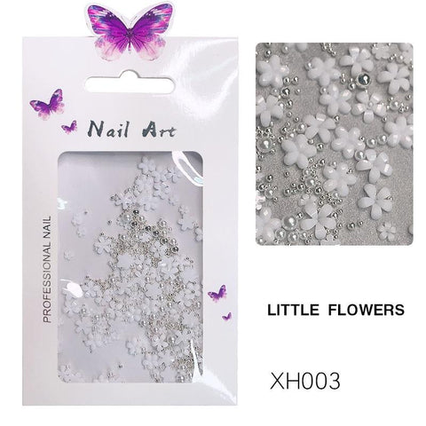 3D White Flower Nail Art Charm Decoration Nail Flower Pearl Golden Caviar Beads Acrylic Nail Art Stud