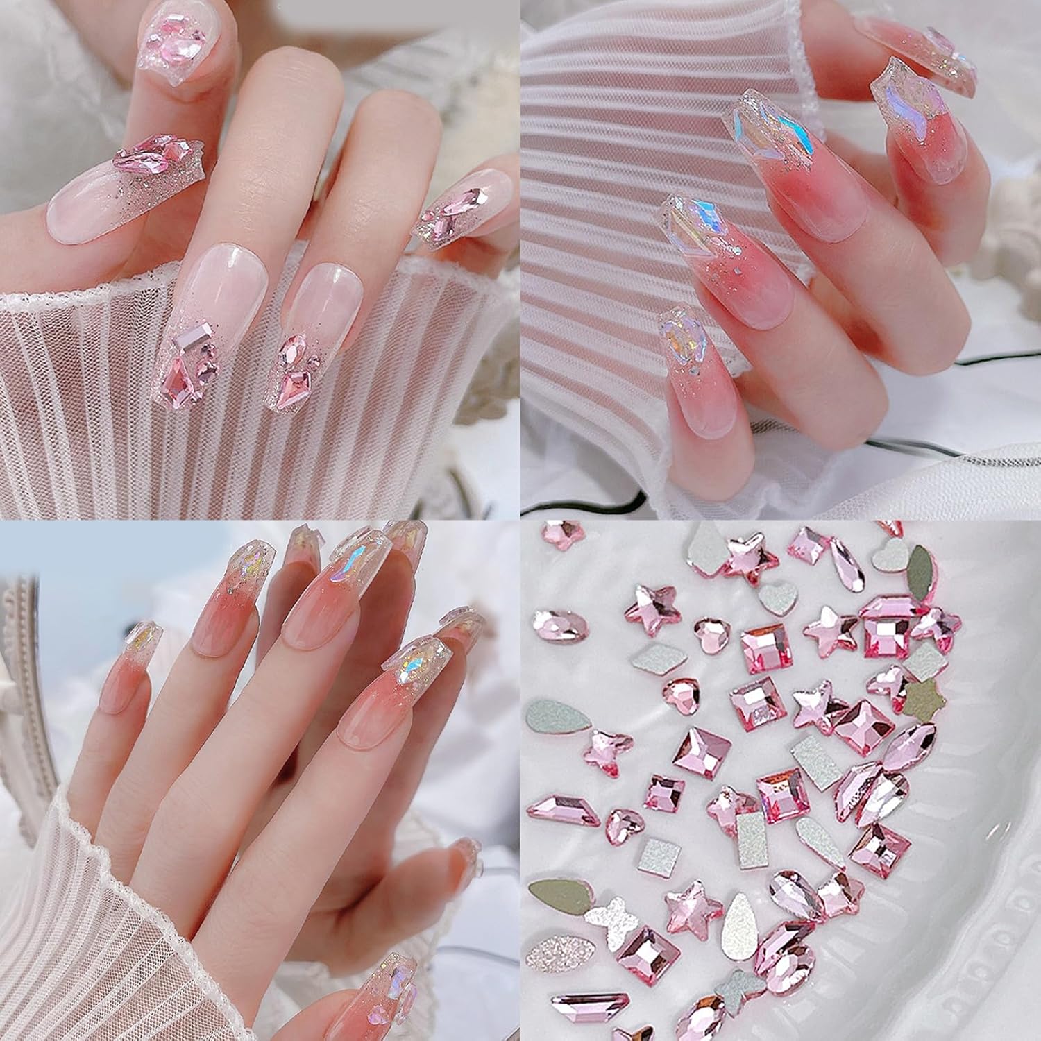 100Pcs 3D Glass PINK Nails Jewelry Manicure Decals Crystal Nail Art Nail Tips Rhinestones Decorations Accessory Flatback Nail Art Supplies