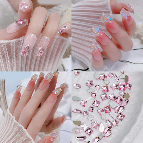 100Pcs 3D Glass PINK Nails Jewelry Manicure Decals Crystal Nail Art Nail Tips Rhinestones Decorations Accessory Flatback Nail Art Supplies