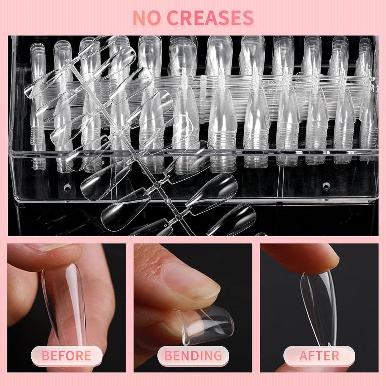 Coffin Shaped Nails Full Cover 504 Pcs False Nail Tips 12 sizes with Clear Plastic Box Nail Extensions (Clear)