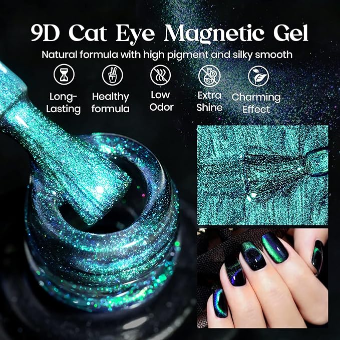 KWEEN 9D Cat Eye Gel Nail Polish, Chameleon Holographic Glitter Cat Eye Gel Polish UV LED Magnetic Gel Nail Polish Sparkly Home DIY Manicure Nail Salon Kit