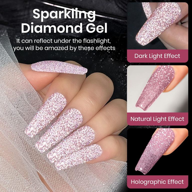 KWEEN Rose Pink Glitter Gel Nail Polish, Reflective Glitter Gel Polish, Diamond Shimmer Gel Soak Off UV LED Gel Nail Art Manicure Salon