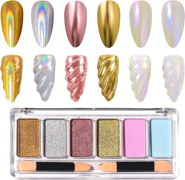 6 Colors Solid Chrome Powder Palette, Metallic Mirror& Aurora  Pigment