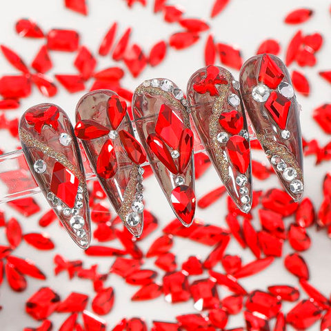 100pcs RED Crystal Rhinestones, Nail Art Set Nail Gems Iridescent Clear Class Multi-Shape Flat Back Shiny Nail Jewels for Nail Art DIY Crafts