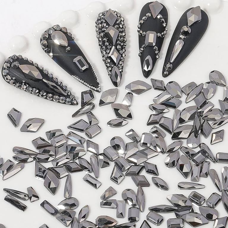 100Pcs Mine Silver Black Nail Rhinestones Multi Shapes Metallic Black Big Gems Nail Charms Flatback Rhinestones For Manicure