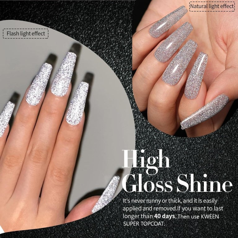 KWEEN Reflective Silver Glitter Gel Nail Polish Sparkling Diamond Nail Gel Polish Silver color Soak Off UV LED Gel For Nail art