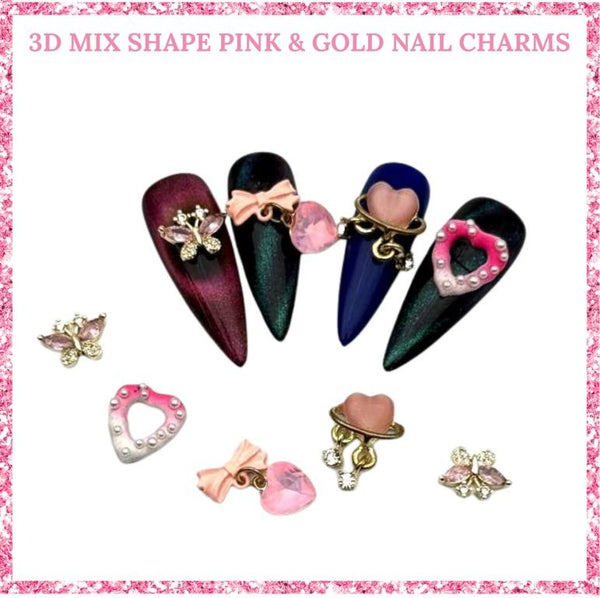 3D Mix shapes pink Zircon Nail Rhinestones Gems Luxurious Diamond Charms 1Pair