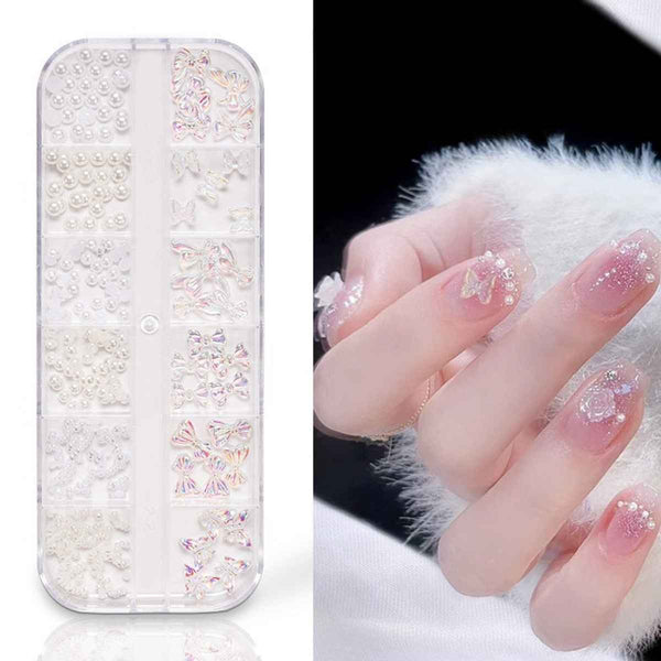 12-Grid Pearl, Bow & Butterfly Nail Art Decoration Box – 3D Beads & Charms for DIY Nails
