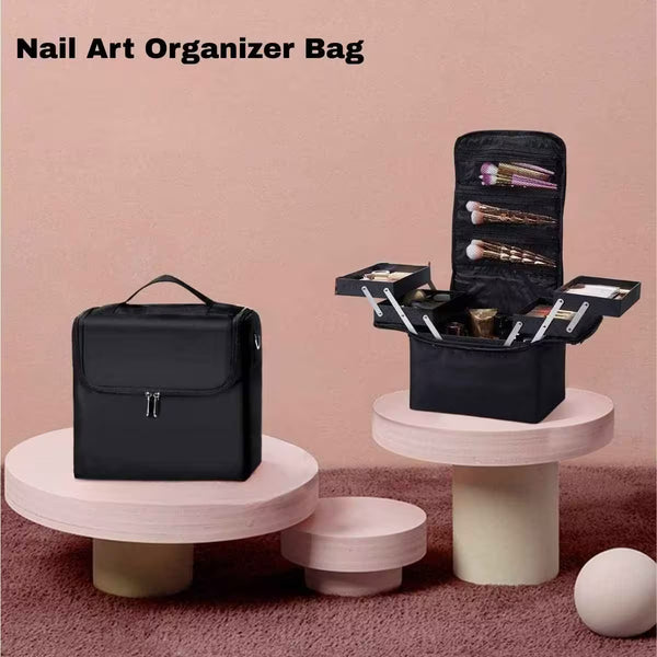 Nail Art Organizer Bag with Expandable Trays and Multiple Storage Pockets