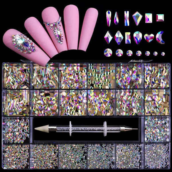 Mixed Shape Multi-Color Nail Rhinestones Kit with Wax Pen for DIY