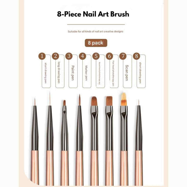 8-Piece Nail Art Brush Set for Liner, Detail and Gel Designs