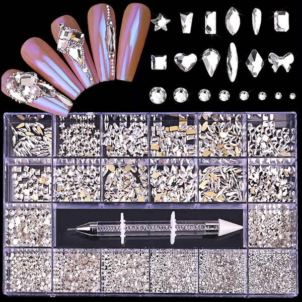 21-Grid White Crystal Nail Rhinestones Set with Picker Pen Tool