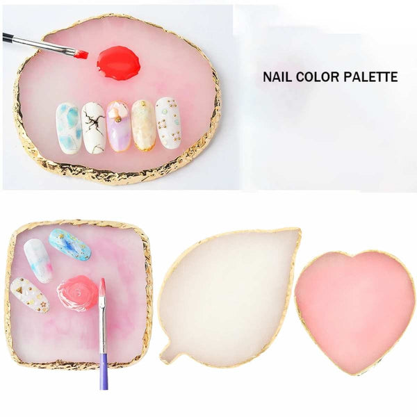 Multi-Shape Resin Nail Palette-Heart, Leaf & Round Resin Plates with Gold Trim