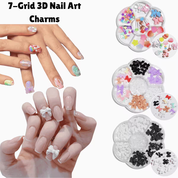 7-Grid 3D Nail Art Charms Wheel – Bow, Butterfly & Heart Resin Decorations