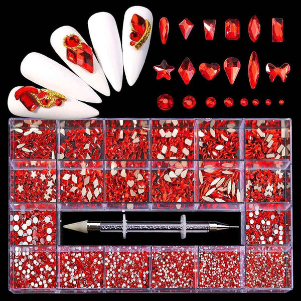 21-Grid Red Crystal Nail Rhinestones Set with Picker Pen Tool