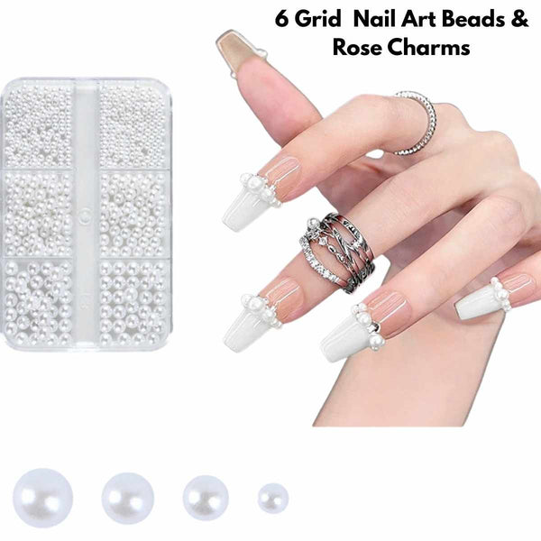 6-Grid Creamy White & Pearl Rose Nail Art Beads Set for 3D Designs