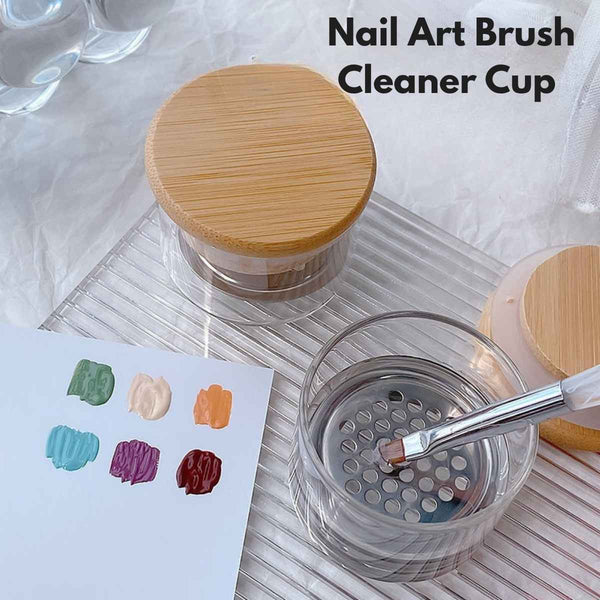 Nail Art Brush Cleaner Cup with Stainless Steel Filter & Bamboo Lid