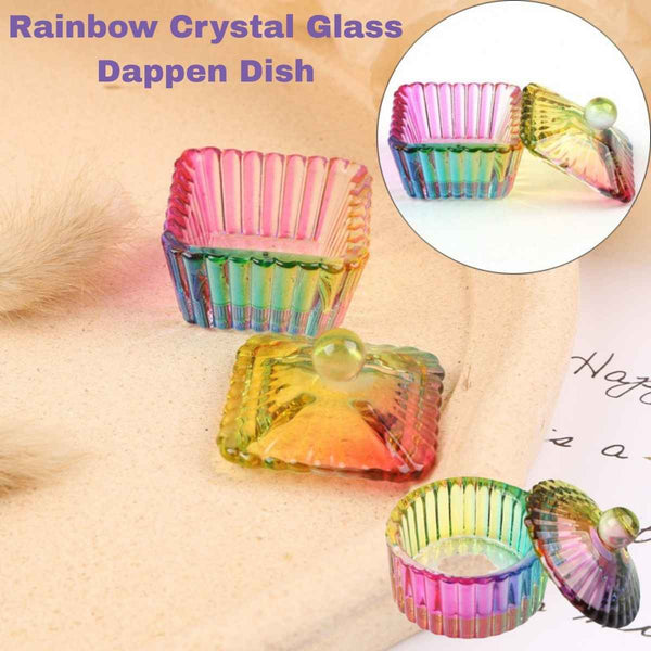 Rainbow Crystal Glass Dappen Dish with Lid – Square & Round Nail Art Cups