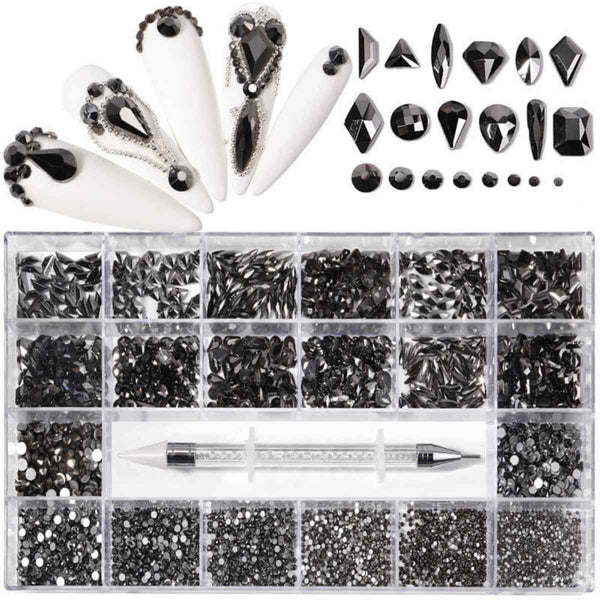 Multi-Shape 3D Crystal Nail Rhinestones Kit – Mine Gold & Black Gems with Pickup Pen