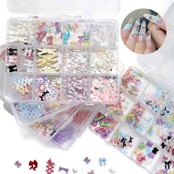 12 Grid 3D Nail Art Charms Set – Butterfly, Bunny, Bow & Heart Decorations for Acrylic Nails