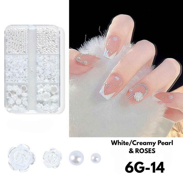6-Grid White Pearl Round & Rose Nail Art Beads Set for 3D Designs