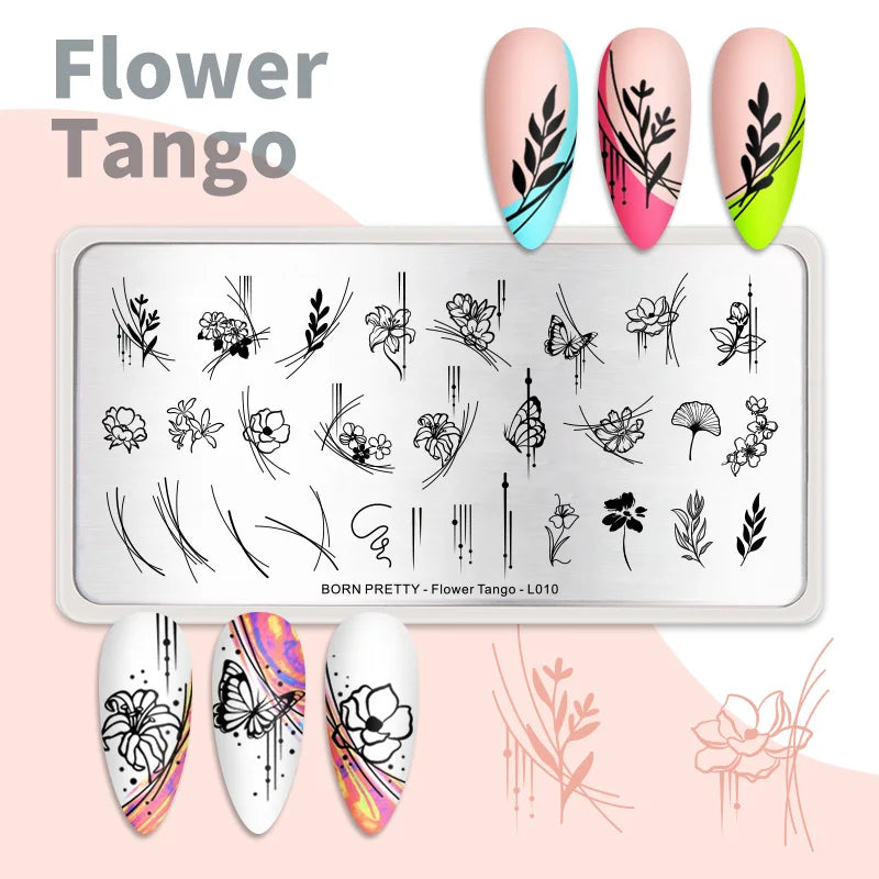 BORN PRETTY Line Flower Leaves Pattern Stamping Plate Flower Tango L010 Image Printing Template Stainless Steel Nail Design Stamp Tool