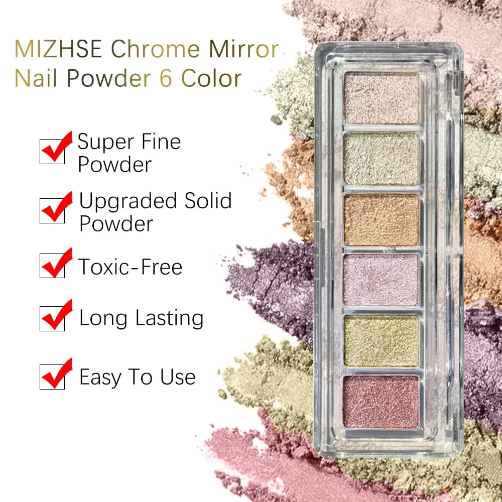 Chrome Powder For Nails 6 Colors Palette, Metallic Mirror Powder Glossy Pigment Glitter.